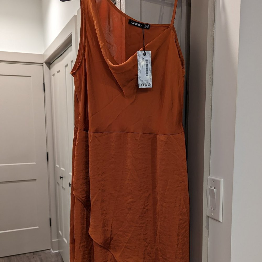 Boohoo - Asymmetrical Cowl Neck Copper/Rust Satin Midi Dress